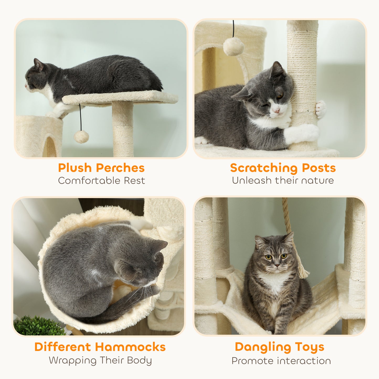 Cat Tree, 202cm Large Cat Tower for Indoor Kittens with 6 Scratching Posts, 2 Condos, 2 Perches, 2 Hammocks, Pompoms, Multi-Level Plush Kitty Activity Centre for Rest and Play, Beige
