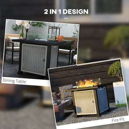 Square Gas Fire Pit Table, Rattan Smokeless Fire Pit with Glass Screen and Beads, Lid, 50000 BTU, 81x81x64cm, Grey