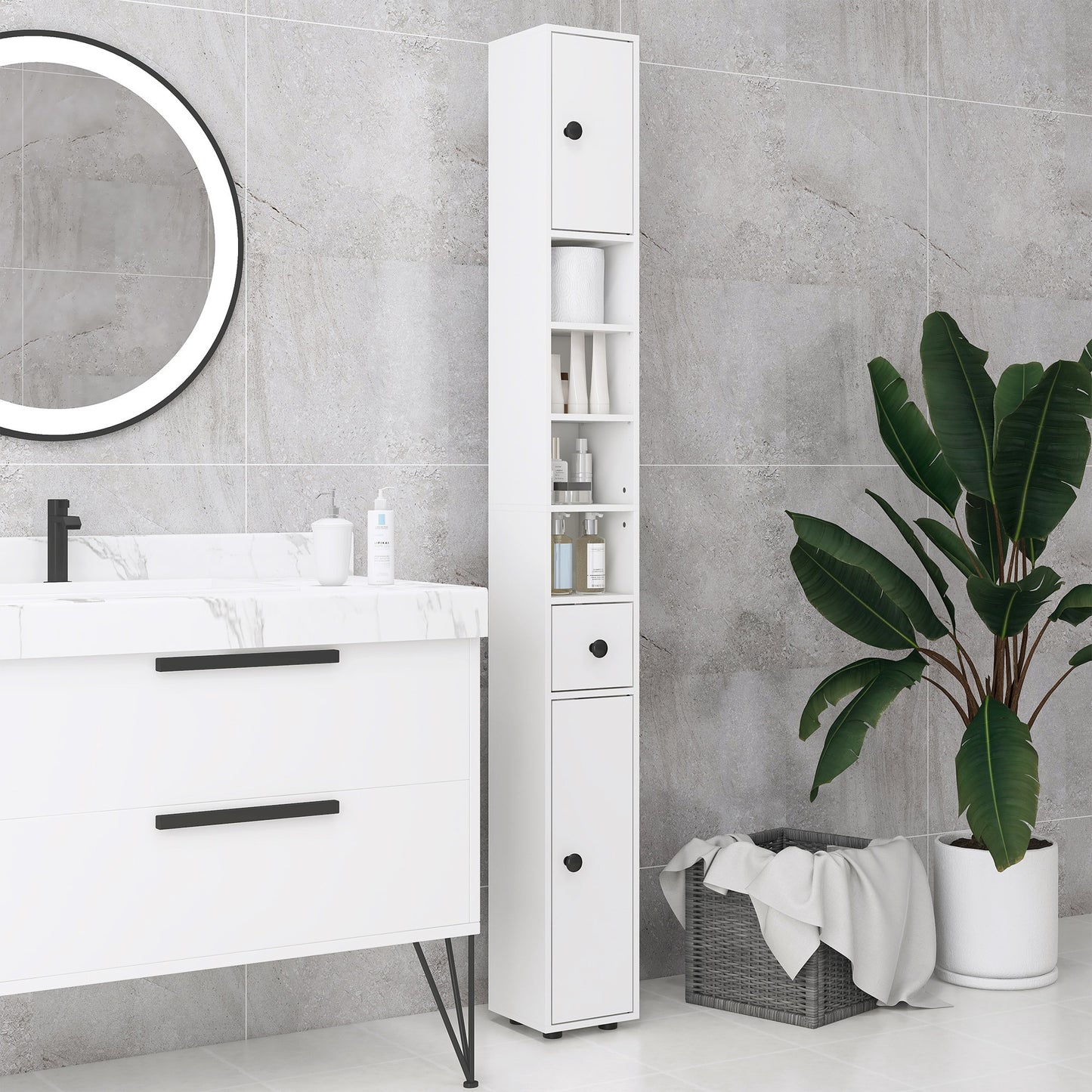 Slim Bathroom Cabinet, Toilet Roll Storage w/ Open Shelves, White