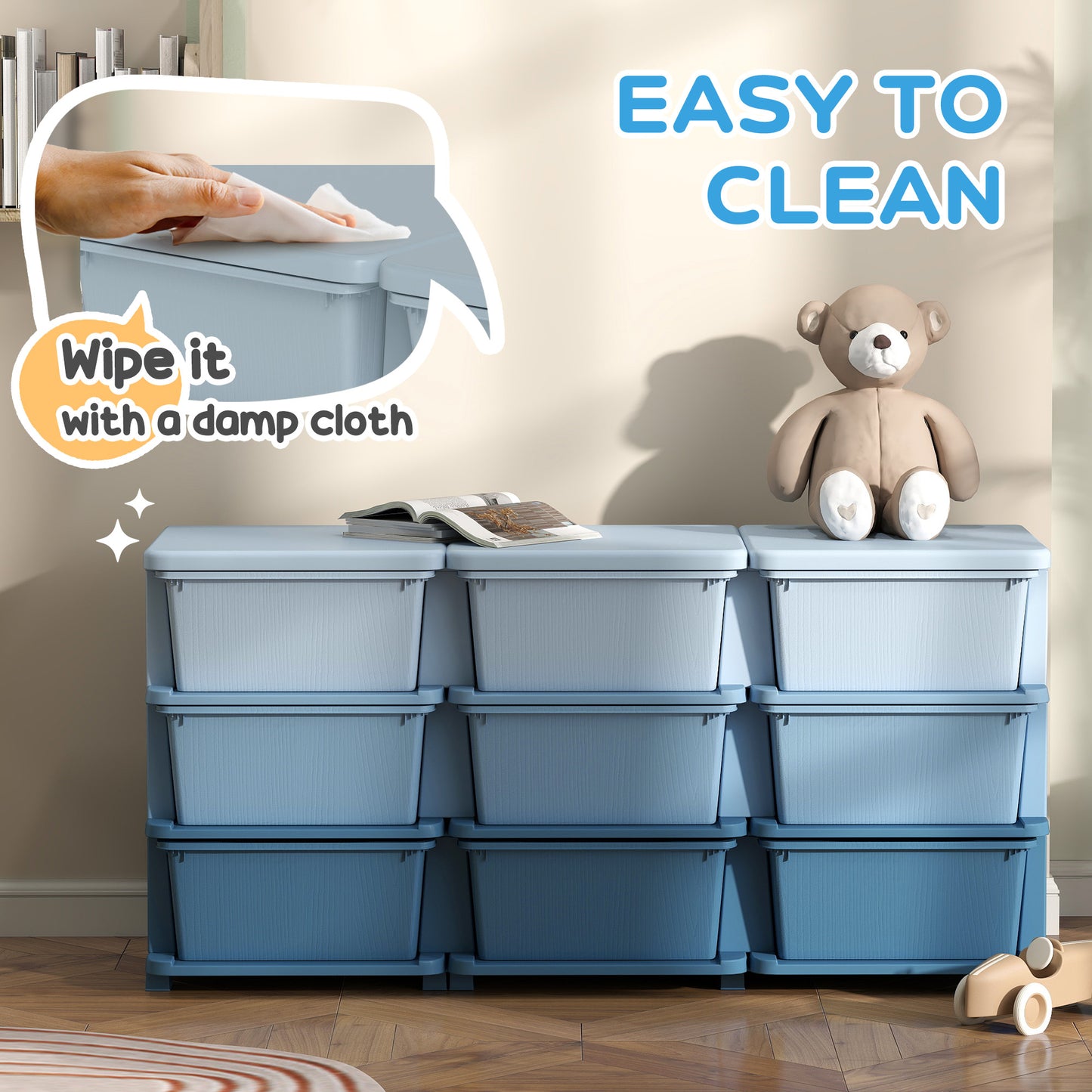 Kids Storage Units with Drawers 3 Tier Chest Dresser Tower Blue