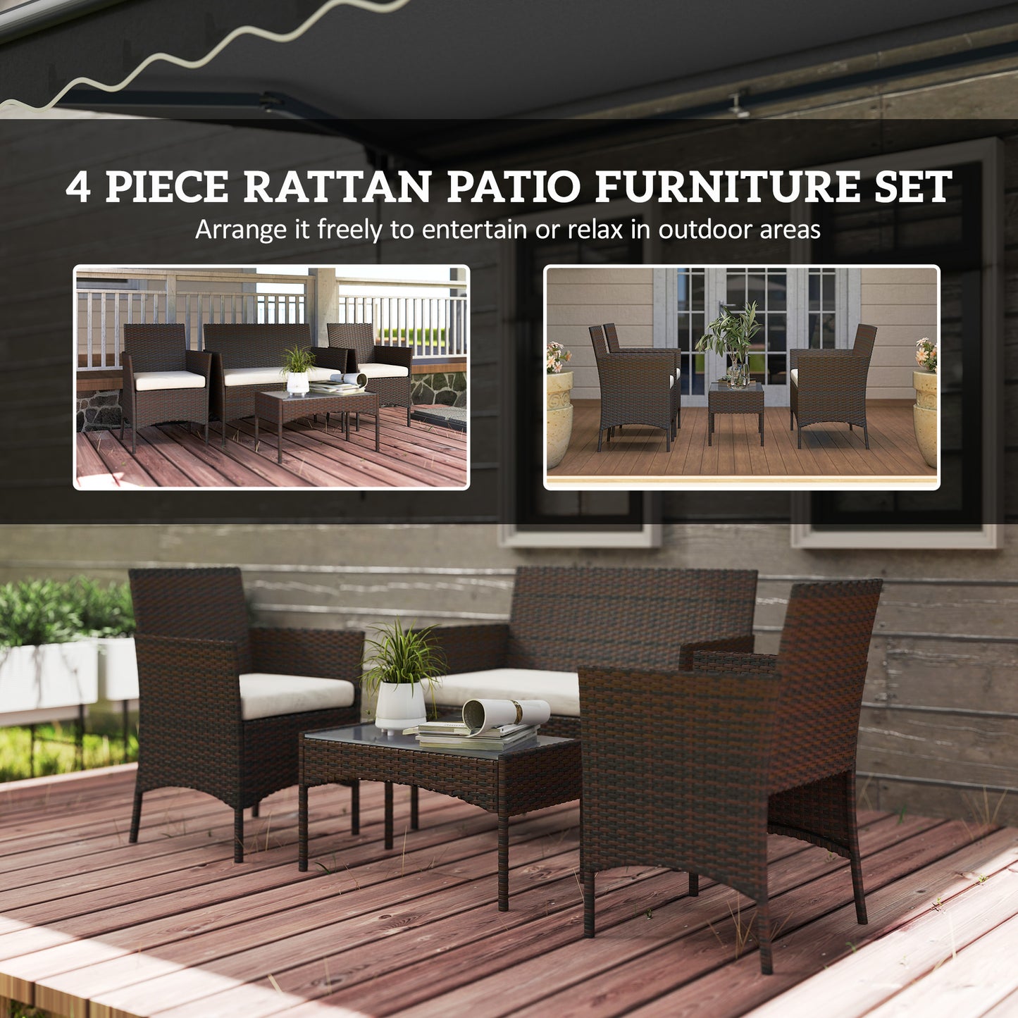 4 Piece Rattan Garden Furniture Sofa Set with Cushions, Brown