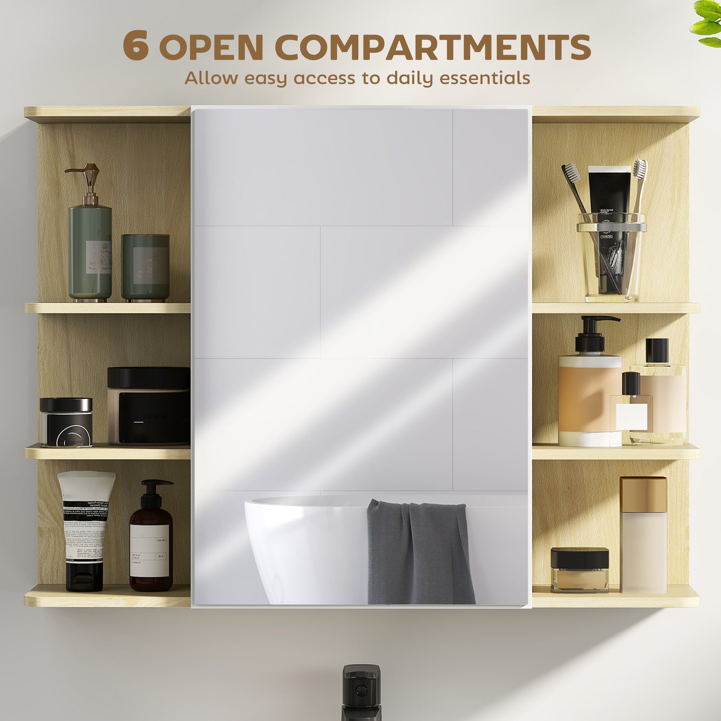 Bathroom Wall Cabinet with Mirror and Open Storage Shelves Natural