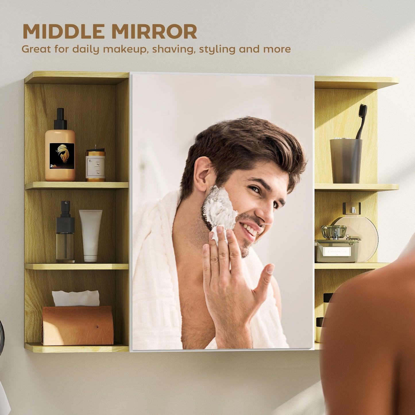 Bathroom Wall Cabinet with Mirror and Open Storage Shelves Natural