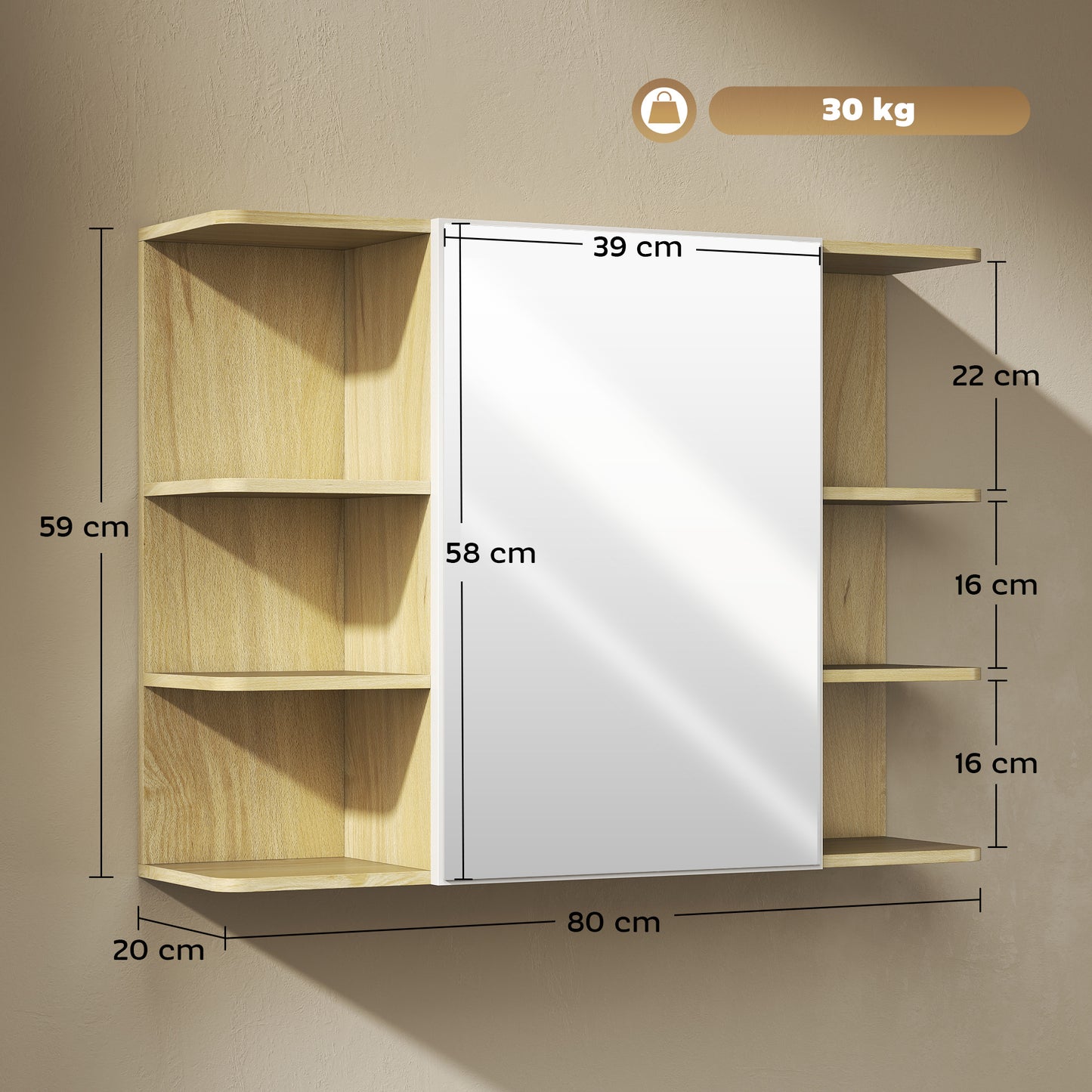 Bathroom Wall Cabinet with Mirror and Open Storage Shelves Natural