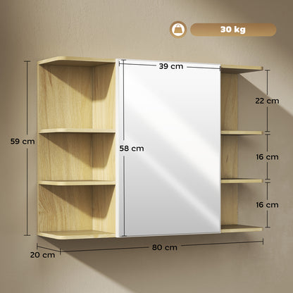 Bathroom Wall Cabinet with Mirror and Open Storage Shelves Natural