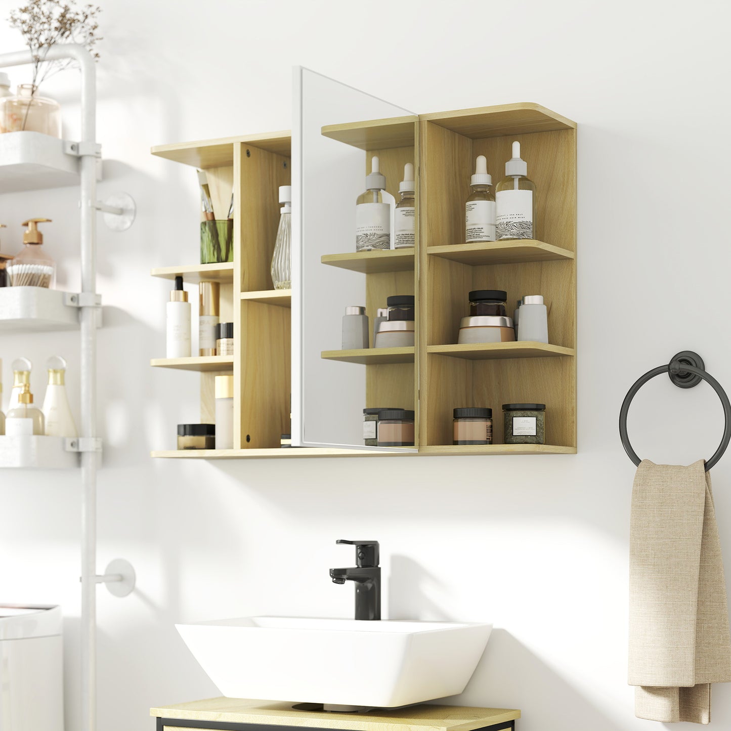 Bathroom Wall Cabinet with Mirror and Open Storage Shelves Natural