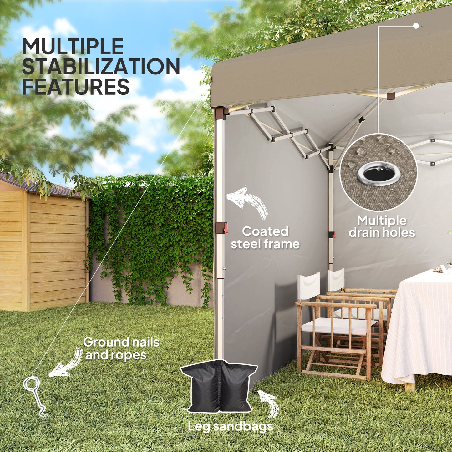 3x3 (M) Pop Up Gazebo Party Tent w/ 2 Sidewalls, Weight Bags Khaki