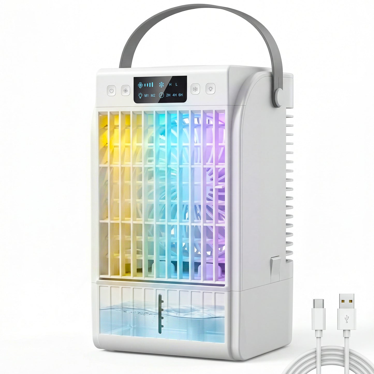 4-in-1 Mini Air Cooler with RGB 7 LED Light, Cooling Fan, White