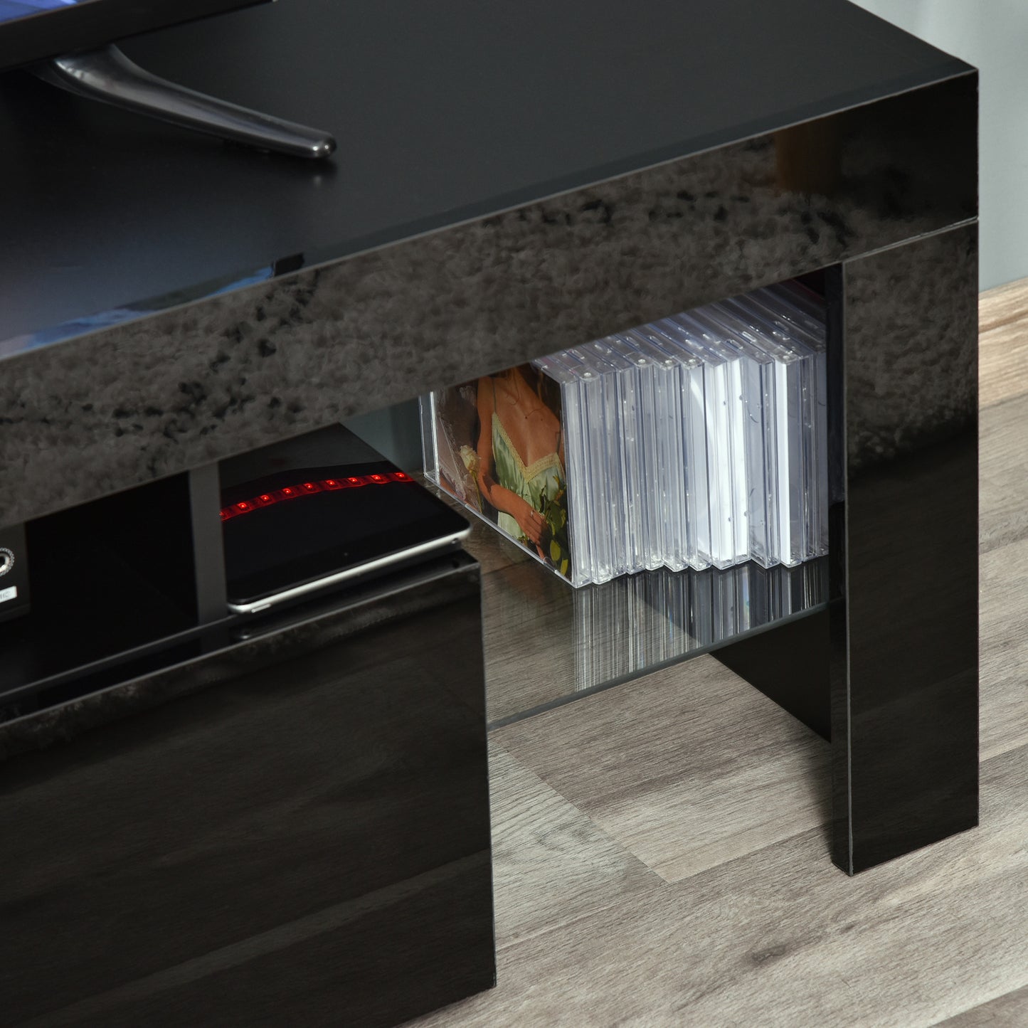 High Gloss TV Stand Cabinet with LED RGB Lights and Remote Control for 43"/50"/55" TV, Media TV Console Table with Storage Drawer and Shelf
