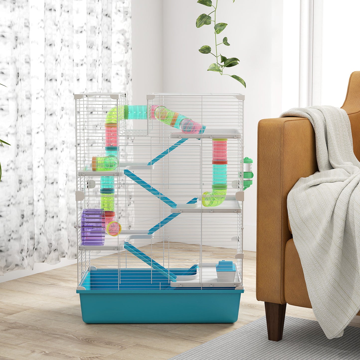 6 Tier Hamster Cage with Twin Tower and Accessories, Light Blue