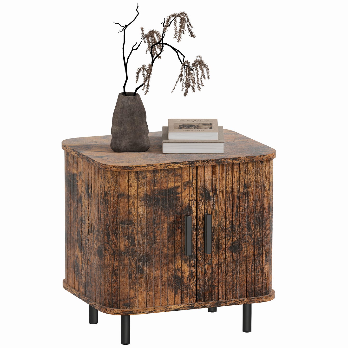 Nightstand with Sliding Doors and Metal Legs Rustic Brown