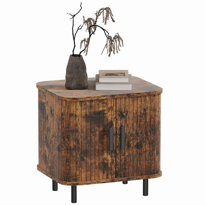 Nightstand with Sliding Doors and Metal Legs Rustic Brown