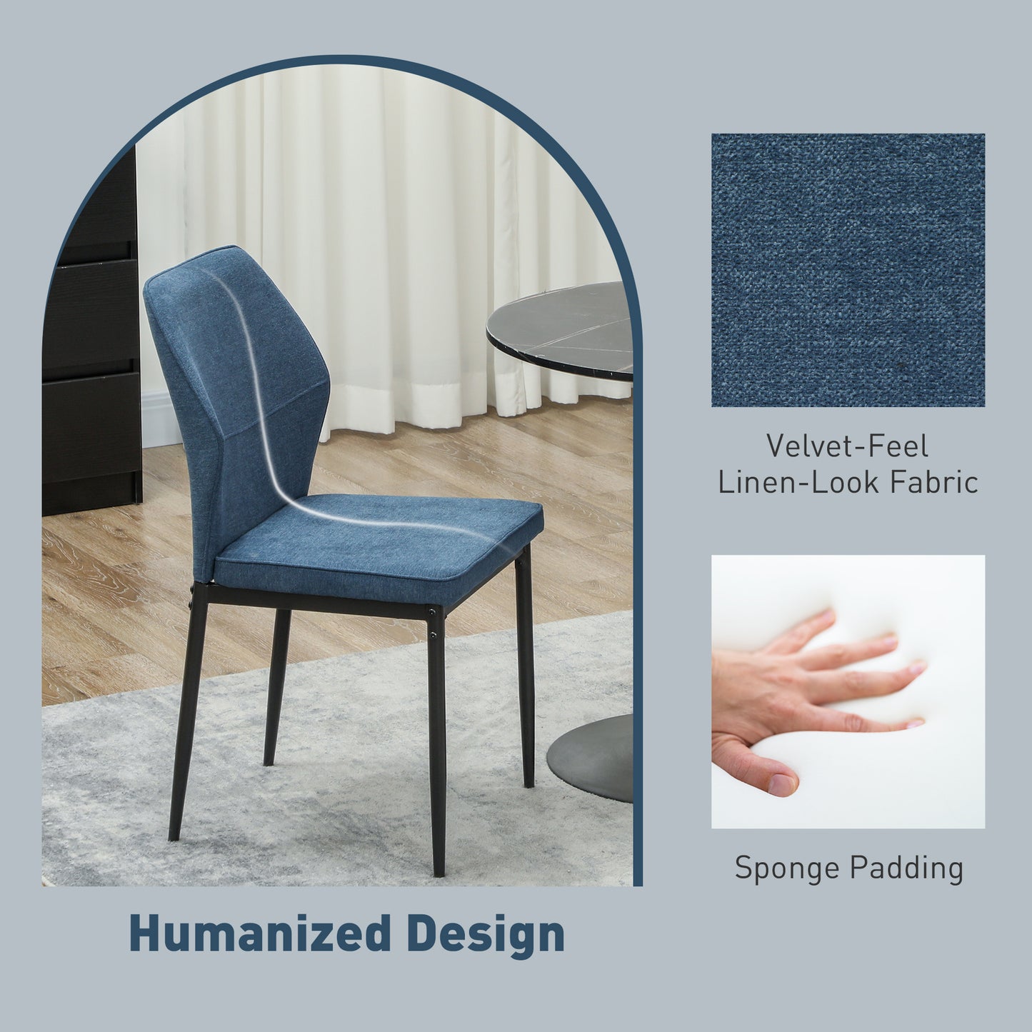 Set of 2 Dining Chairs with Curved Back Padded Seat for Kitchen Blue