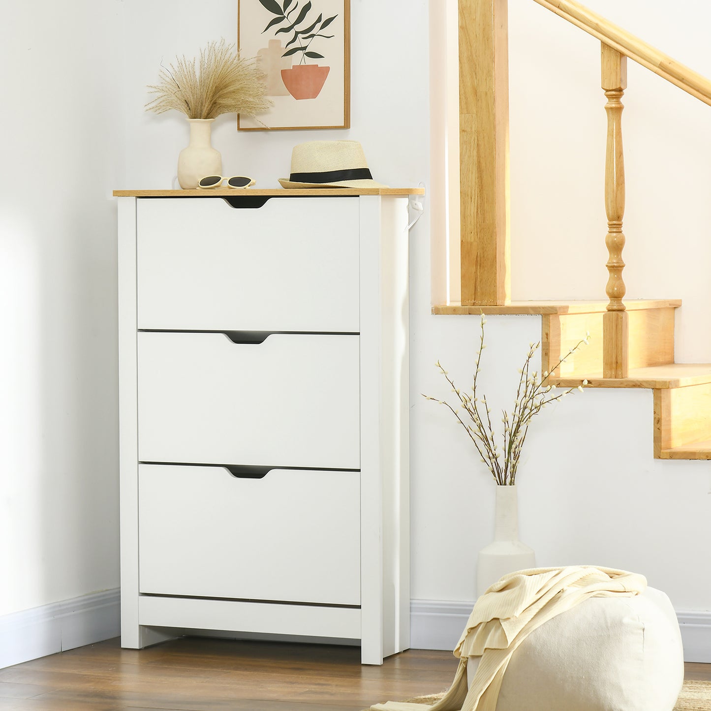 Slim Shoe Cabinet, Narrow Shoe Cupboard with 3 Flip Drawers, Adjustable Shelves for 18 Pairs of Shoes for Hallway, White
