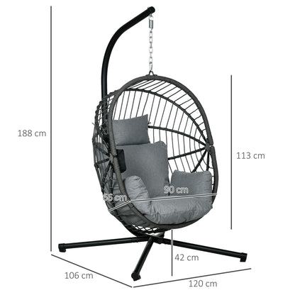 Outdoor Swing Chair with Thick Padded Cushion, Patio Hanging Chair with Metal Stand, Foldable Basket, Cup Holder, Rope Structure
