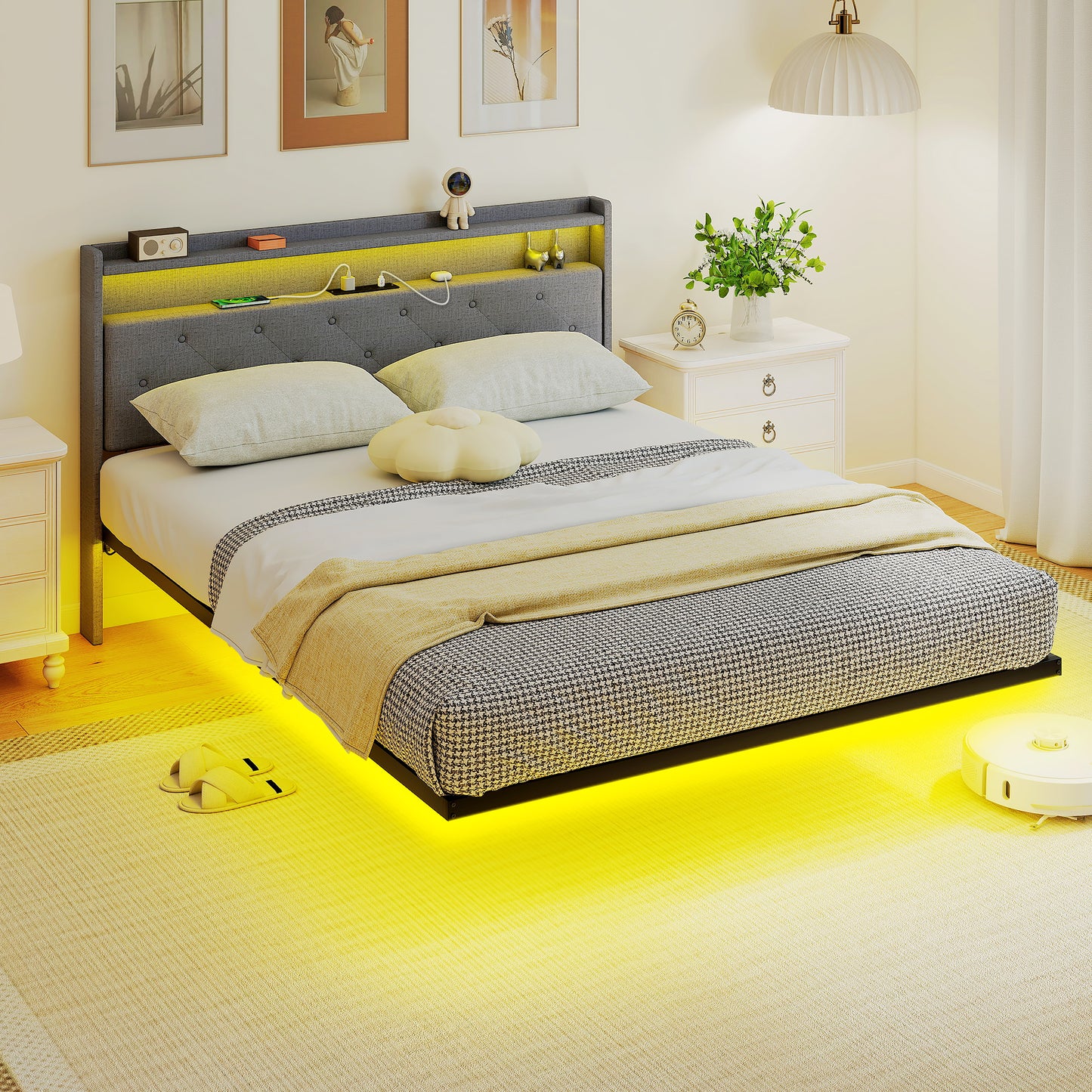 Floating Bed Frame with RGB Lights, Upholstered King Size Bed, Grey