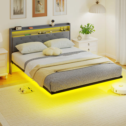 Floating Bed Frame with RGB Lights, Upholstered King Size Bed, Grey