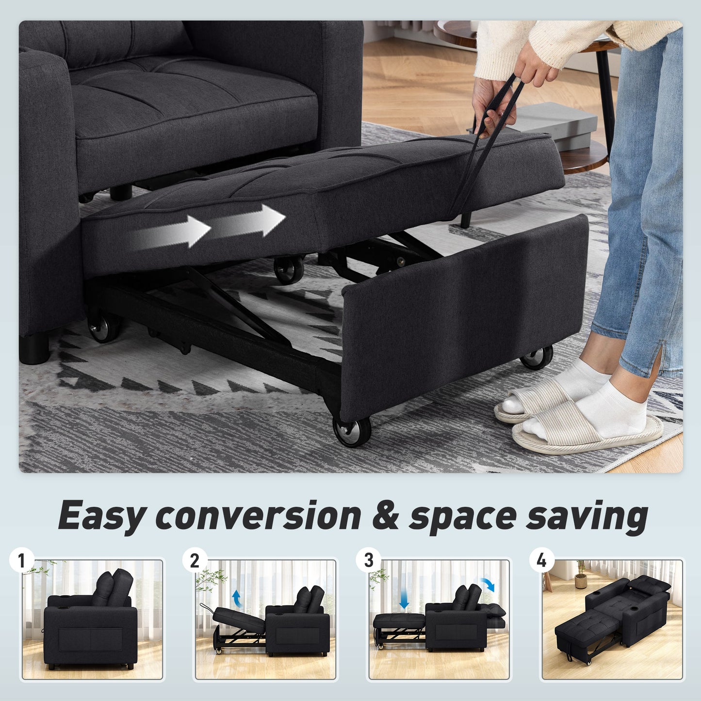 3-in-1 Sofa Bed, Convertible Sleeper Chair with Adjustable Backrest