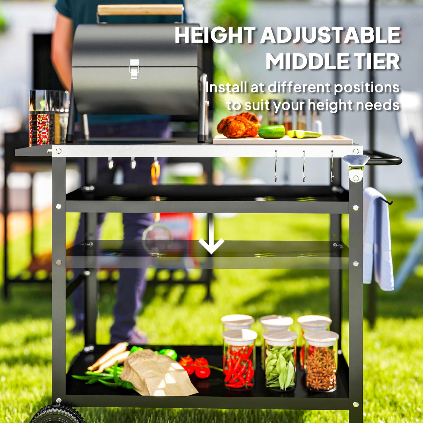 BBQ Trolley with Stainless Steel Top, Movable Pizza Table, Black