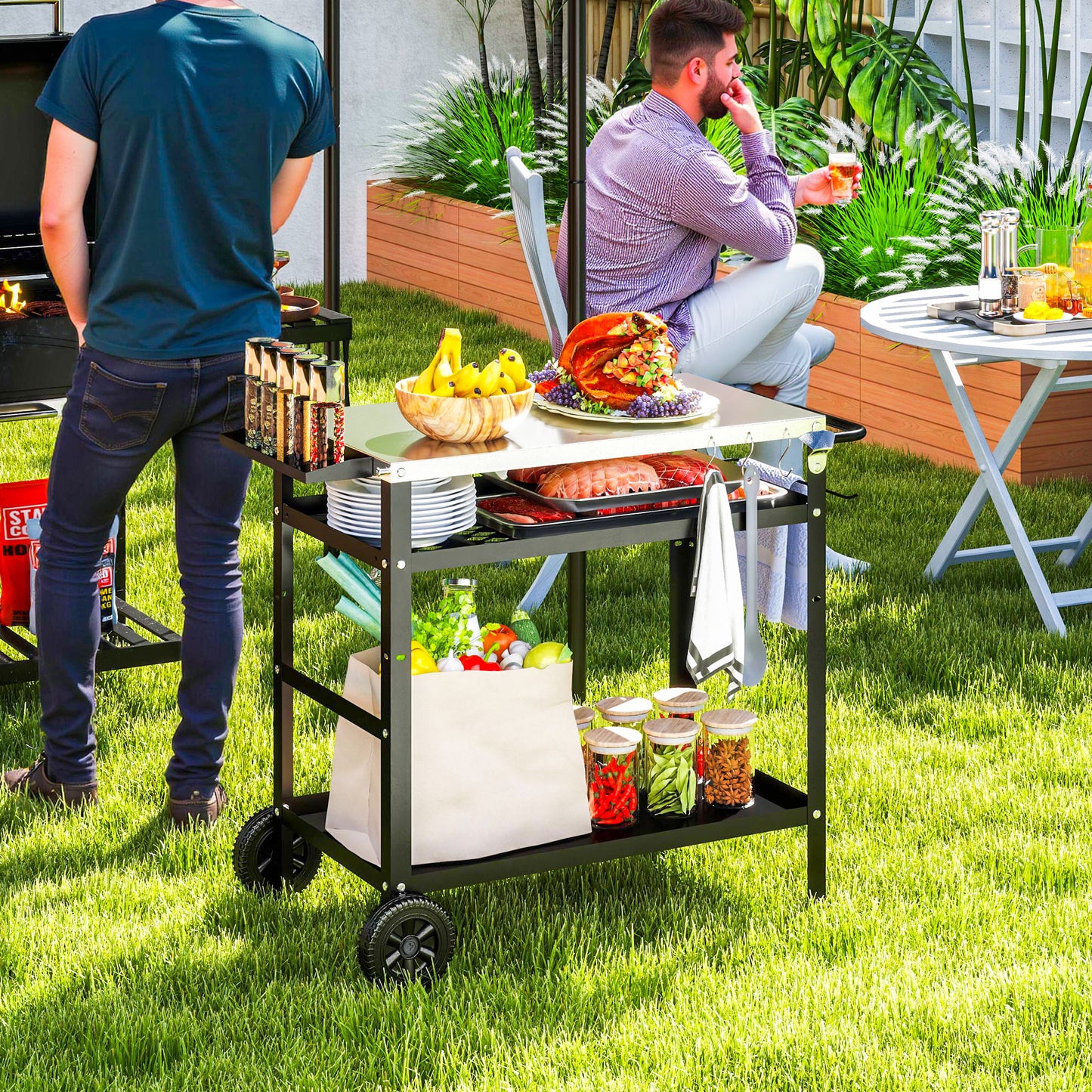 BBQ Trolley with Stainless Steel Top, Movable Pizza Table, Black