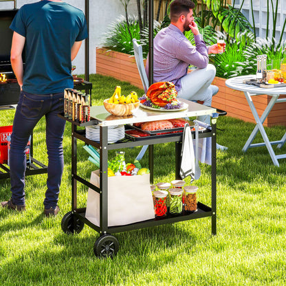 BBQ Trolley with Stainless Steel Top, Movable Pizza Table, Black