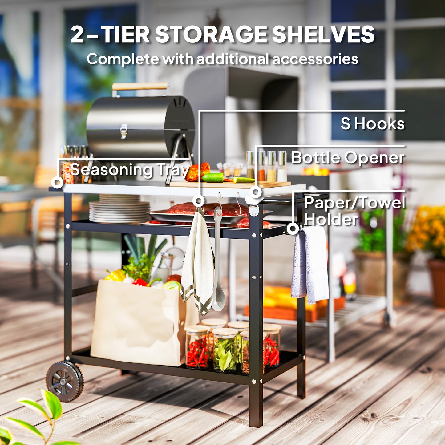 BBQ Trolley with Stainless Steel Top, Movable Pizza Table, Black