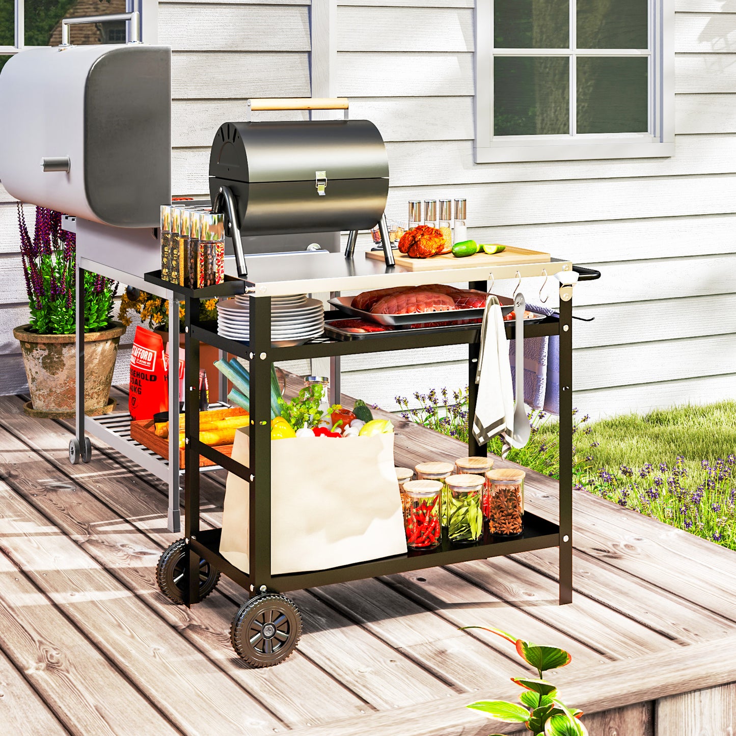 BBQ Trolley with Stainless Steel Top, Movable Pizza Table, Black
