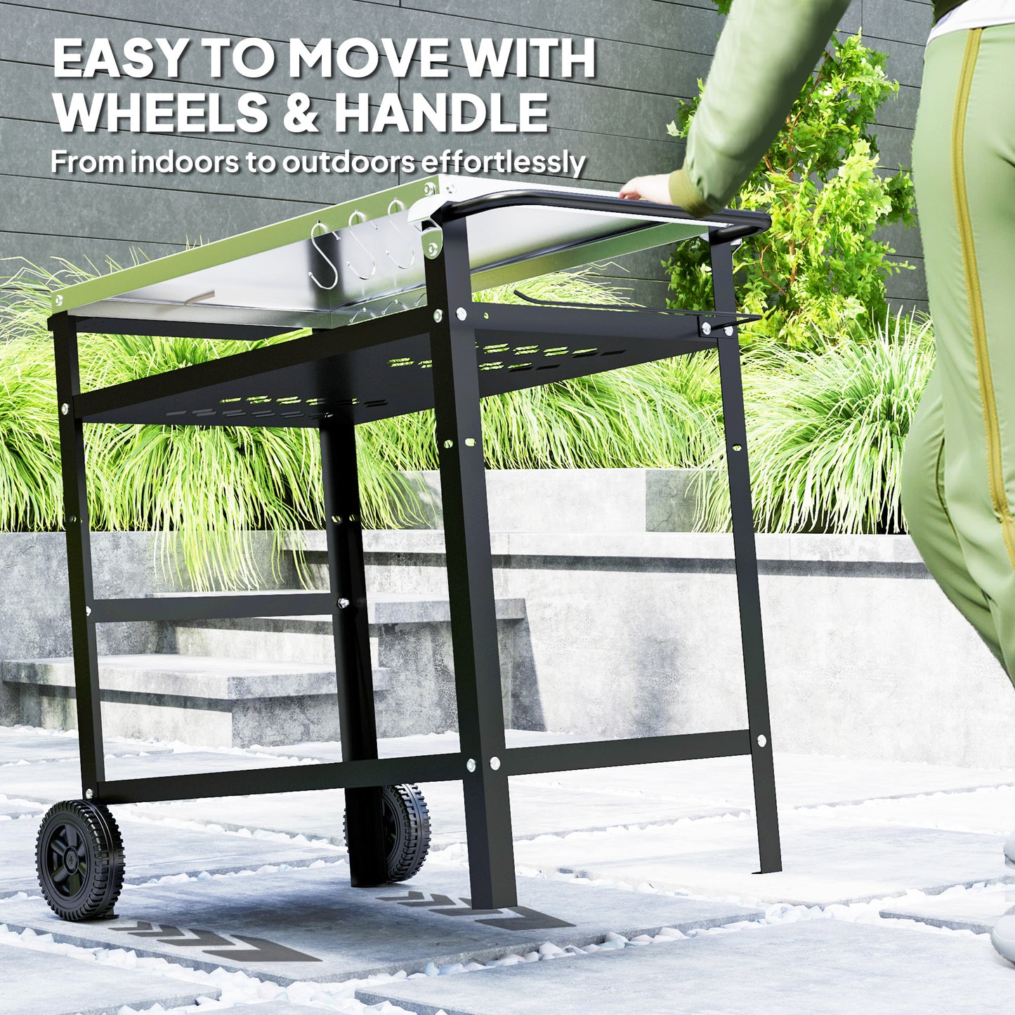 BBQ Trolley with Stainless Steel Top, Movable Pizza Table, Black