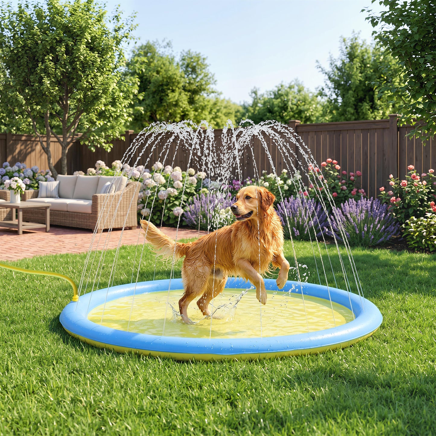 Dog Splash Pad, Pet Sprinkler Mat, Non-Slip Dog Paddling Pool, Foldable Outdoor Sprinkler and Splash Mat Water Play for Garden, Patio, Summer Fun, 170 cm, Yellow