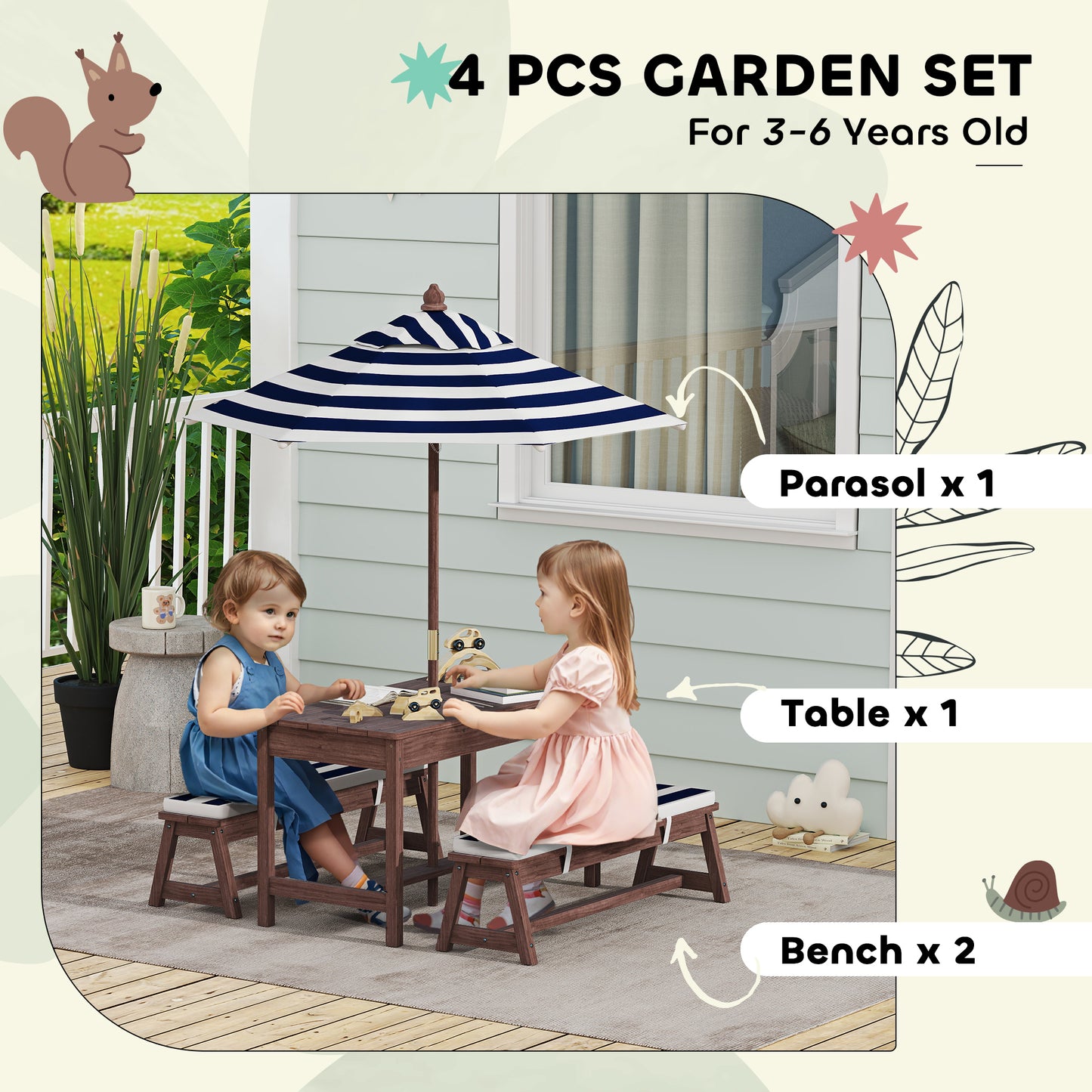Kids Picnic Table, Wooden Kids Garden Furniture with Umbrella