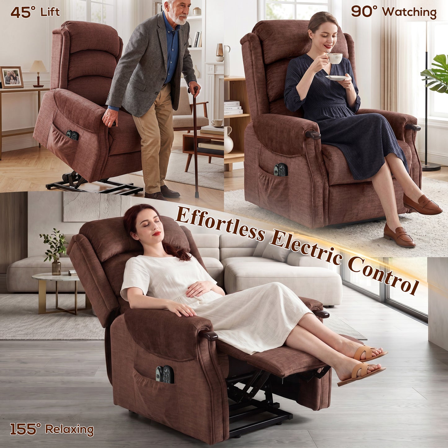 Power Lift Recliner Chair with Vibration Massage and Heat, Electric Lift Chair with Wood Grip, Pocket Spring, Fabric Riser and Reclining Armchair with Remote, Quick Assembly, Brown