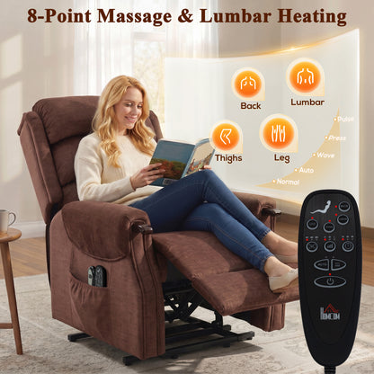 Power Lift Recliner Chair with Vibration Massage and Heat, Electric Lift Chair with Wood Grip, Pocket Spring, Fabric Riser and Reclining Armchair with Remote, Quick Assembly, Brown