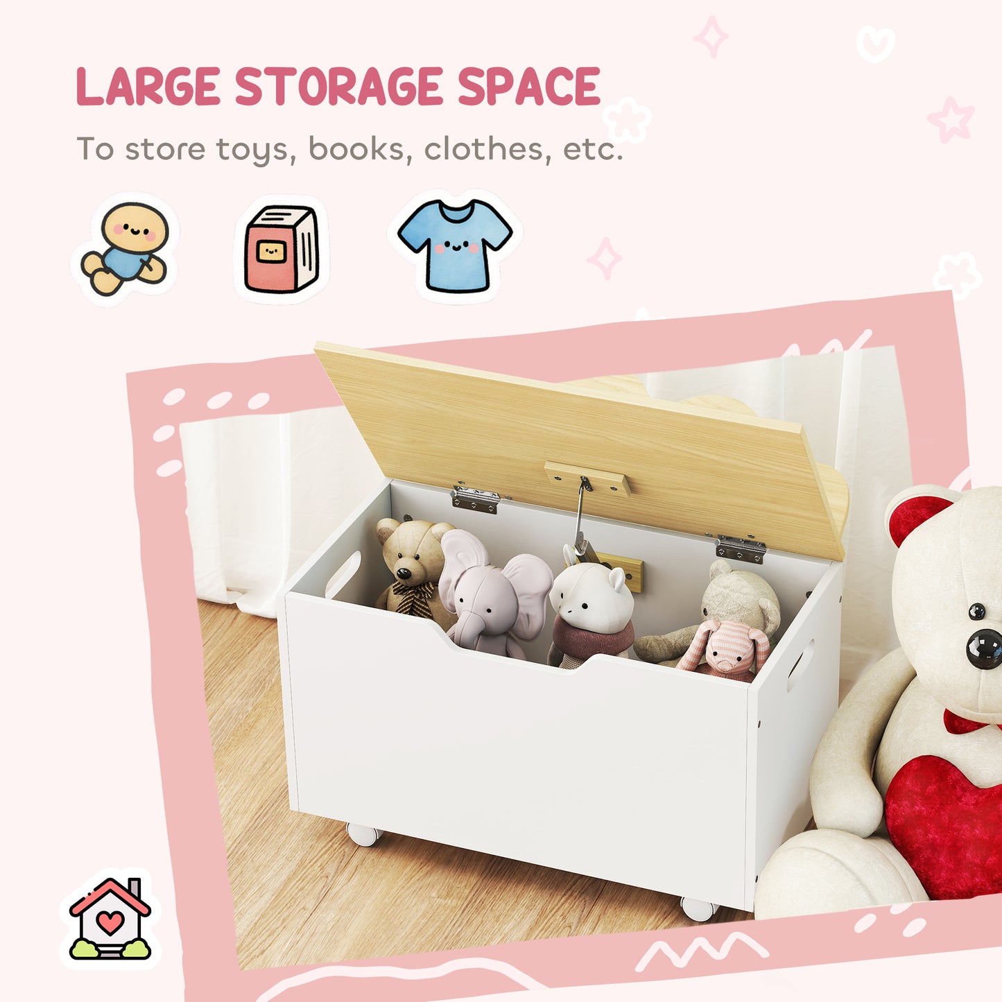 Toy Box for Kids, Toy Chest with Wheels and Safety Hinges, White