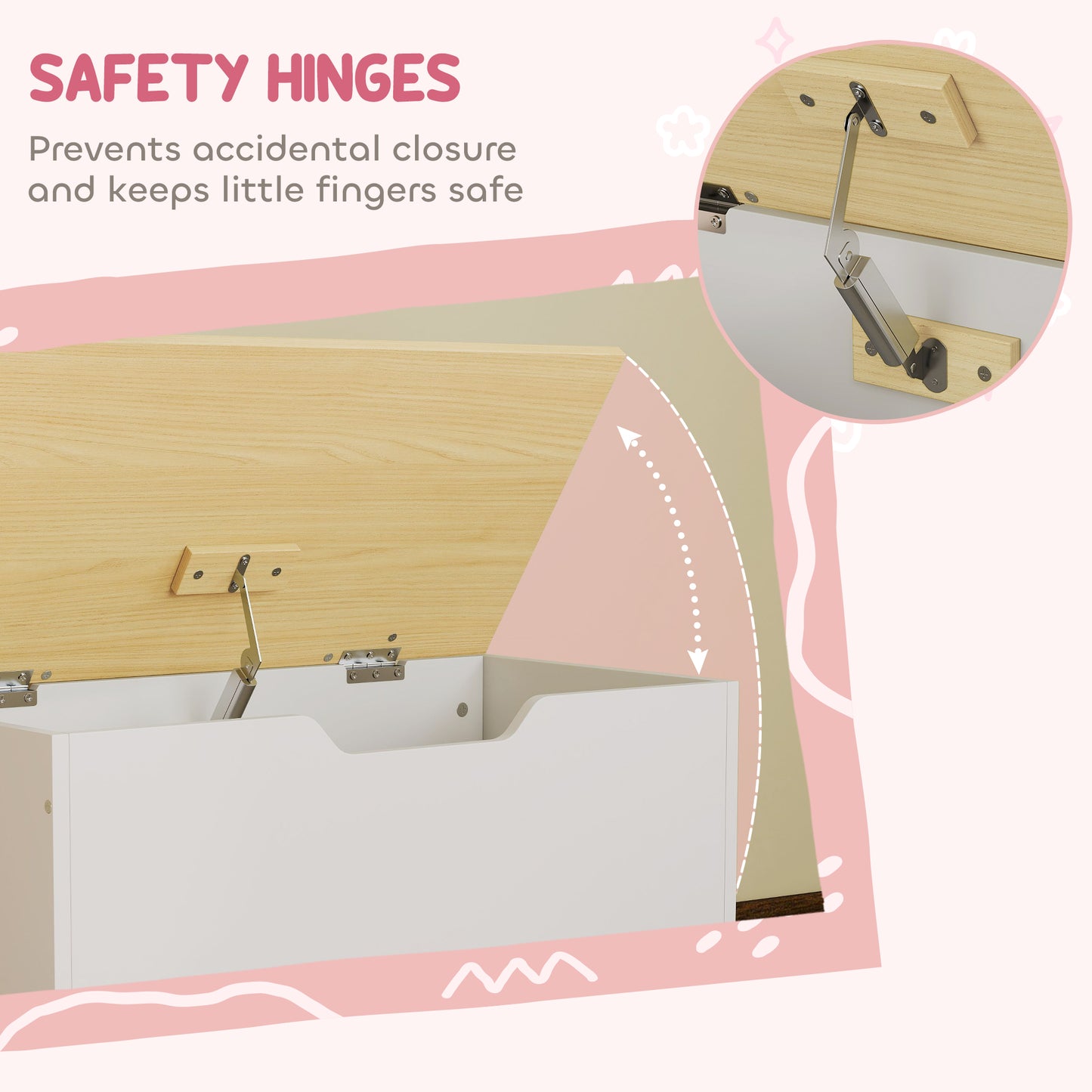 Toy Box for Kids, Toy Chest with Wheels and Safety Hinges, White