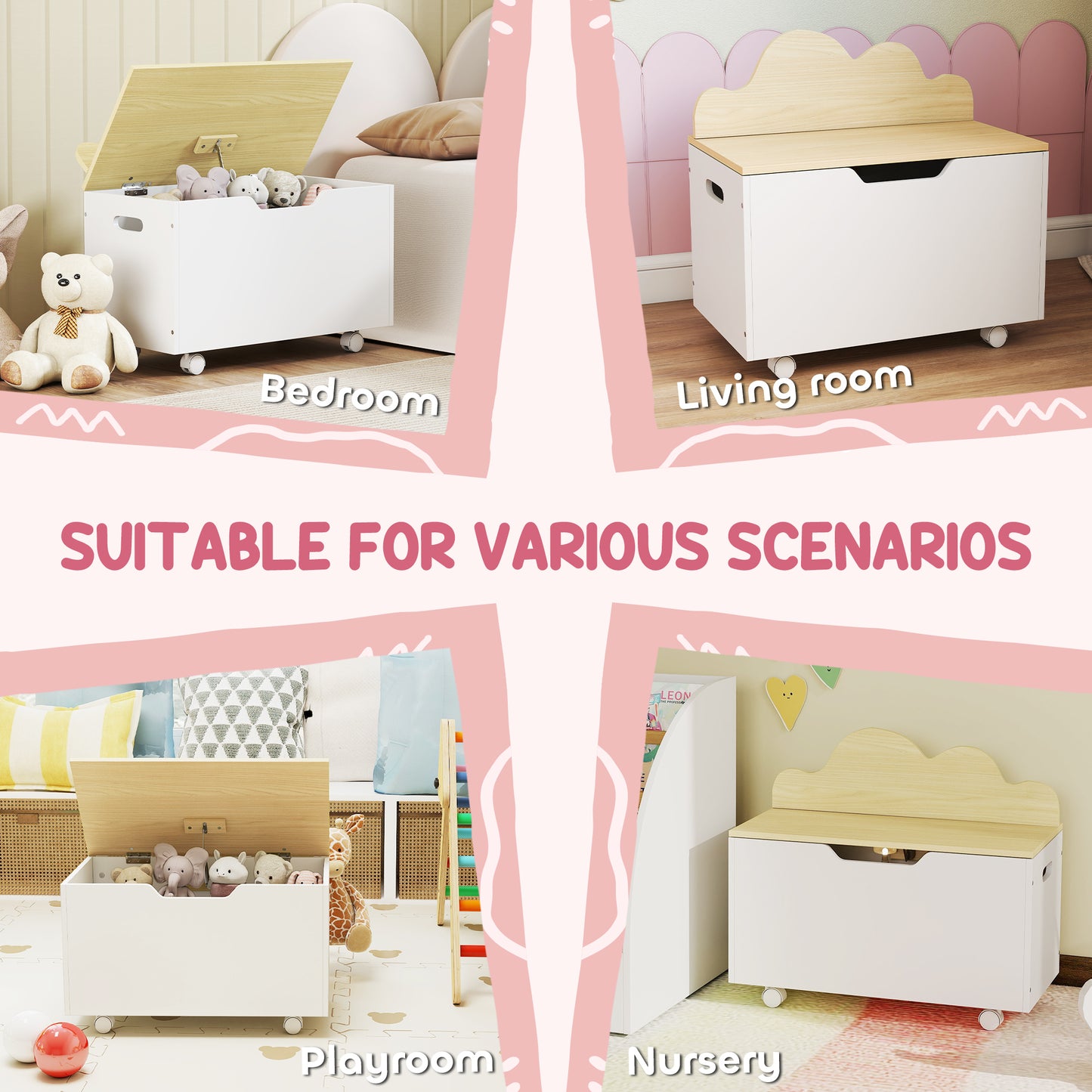 Toy Box for Kids, Toy Chest with Wheels and Safety Hinges, White