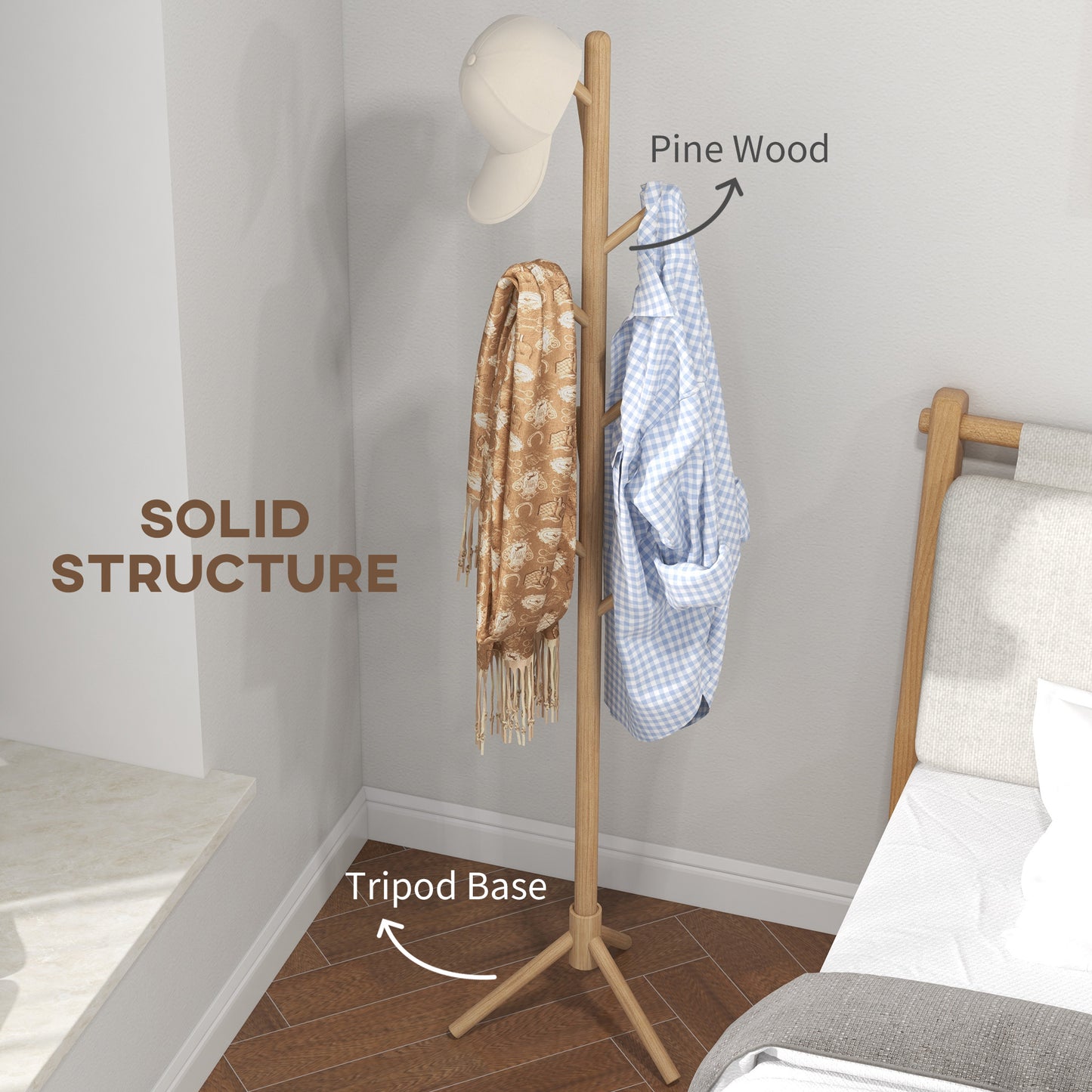 Coat Rack Bamboo Coat Stand with 8 Hooks for Handbags, Natural