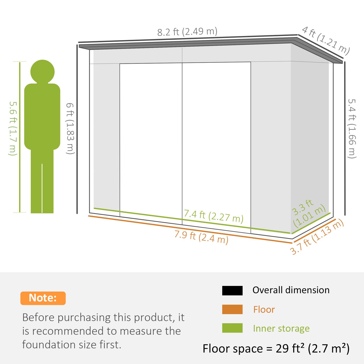 8 x 4FT Metal Garden Storage Shed with Double Doors, Oak