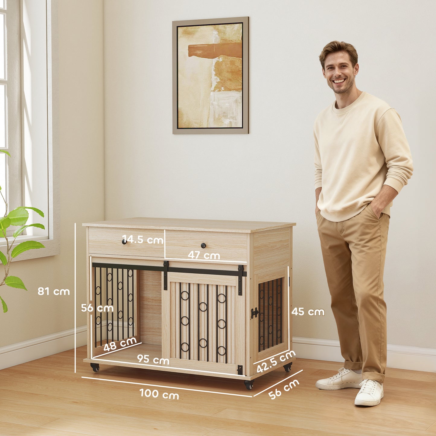 Dog Crate Furniture, Dog Cage w/ Wheels, 2 Drawers, Sliding Door, Oak