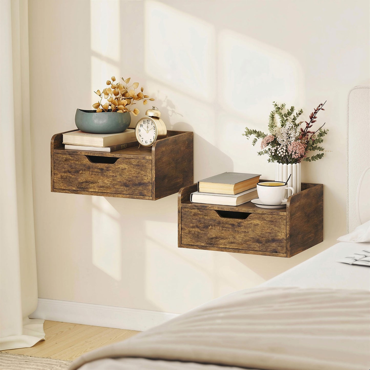 Floating Nightstands Set of 2, Nightstand with Drawer, Rustic Brown