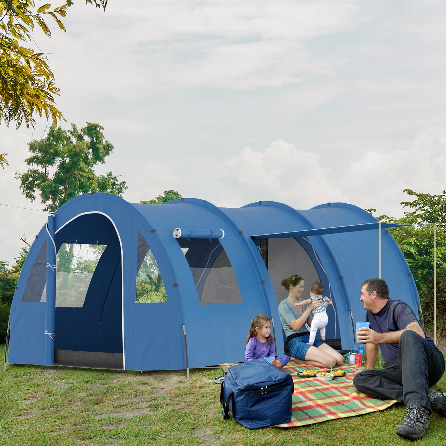 5-6 Man Family Tent Camping Tent with 2 Room and Carry Bag, Blue