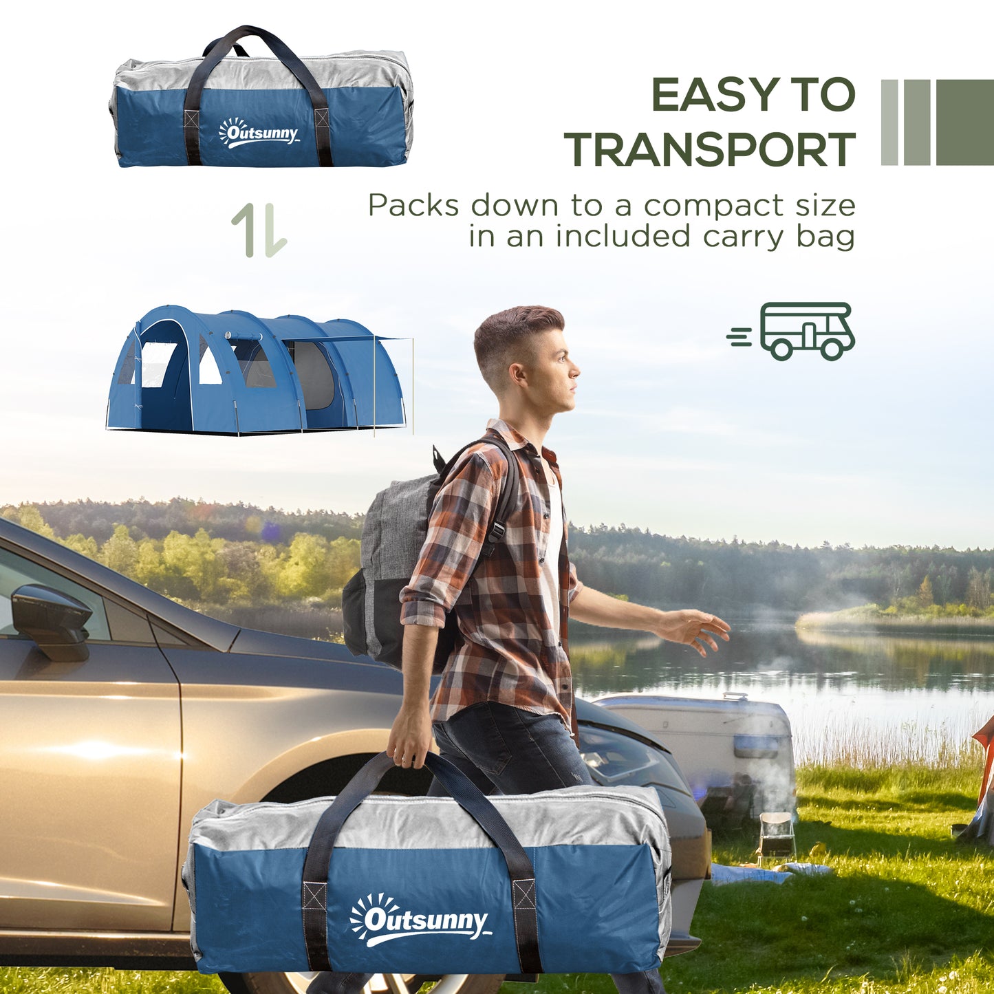 5-6 Man Family Tent Camping Tent with 2 Room and Carry Bag, Blue