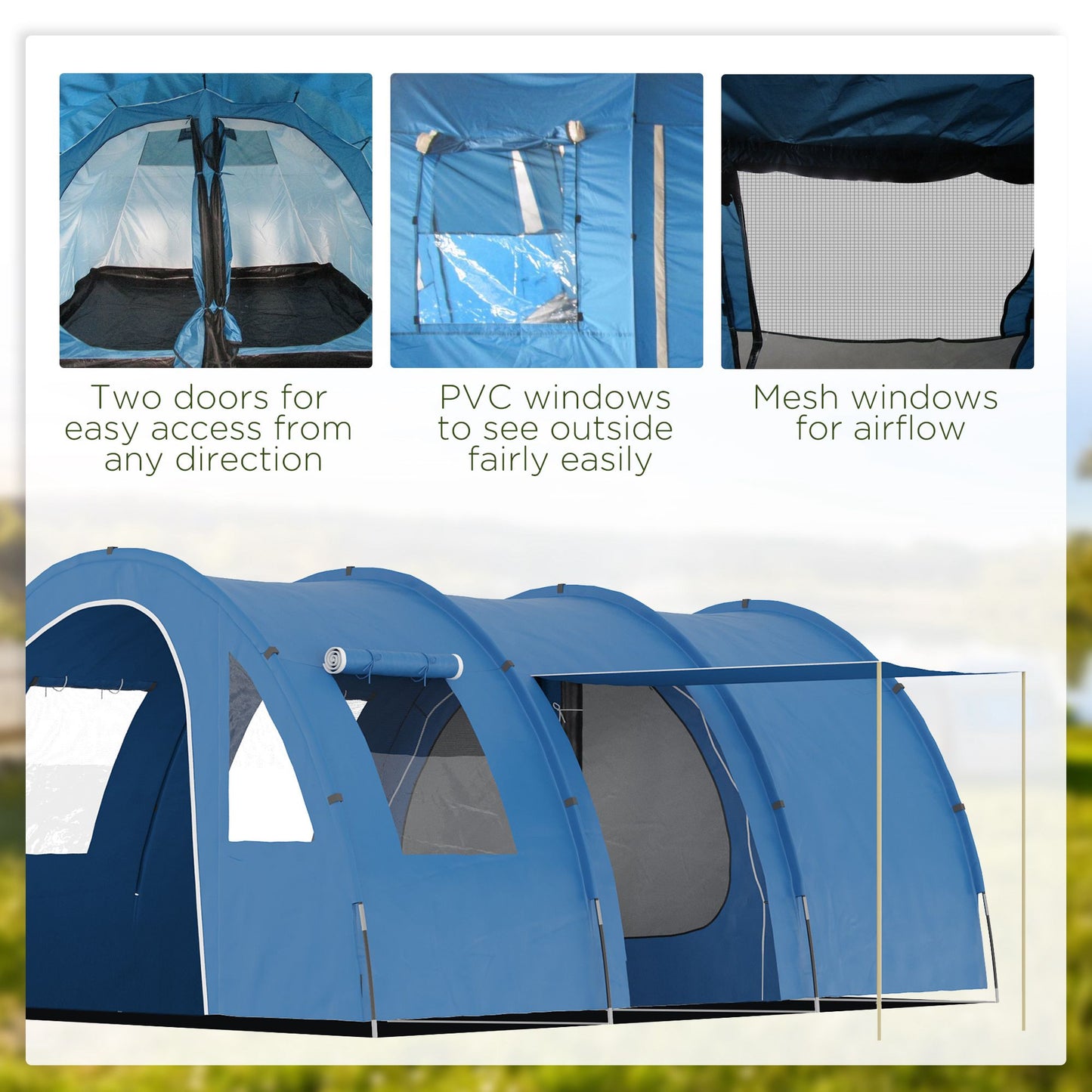 5-6 Man Family Tent Camping Tent with 2 Room and Carry Bag, Blue