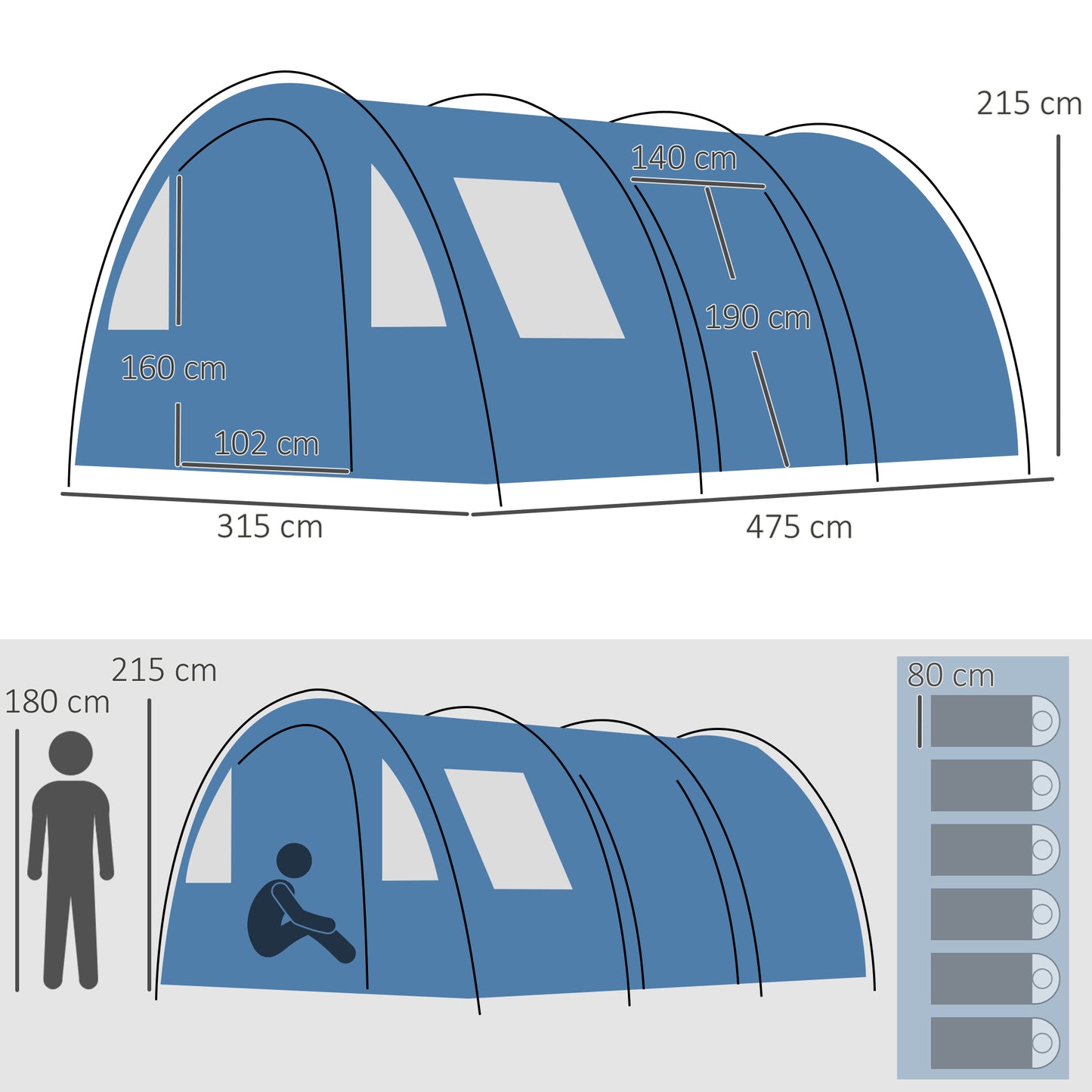 5-6 Man Family Tent Camping Tent with 2 Room and Carry Bag, Blue