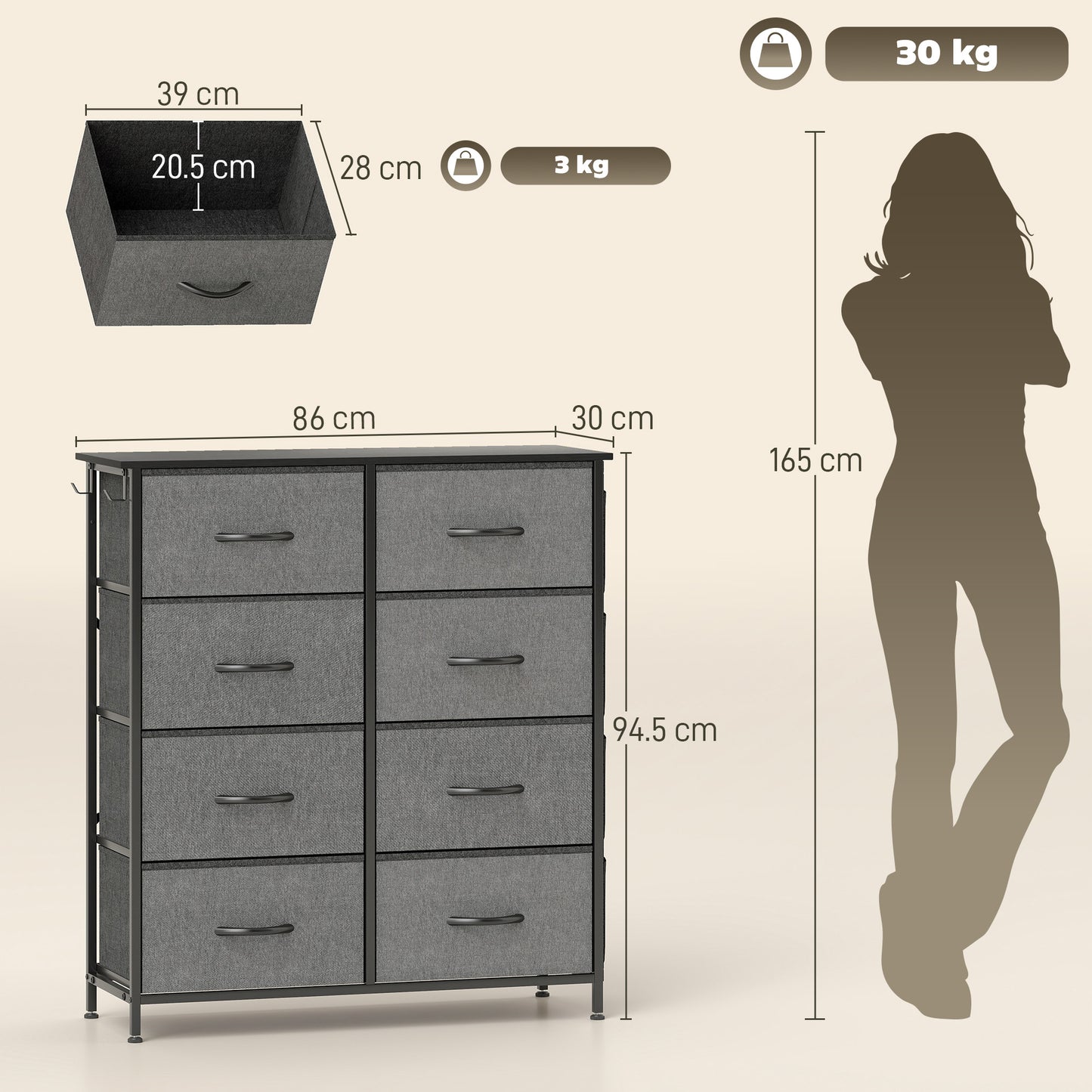Fabric Chest of Drawers, 8 Drawer Dresser for Bedroom, Charcoal Grey