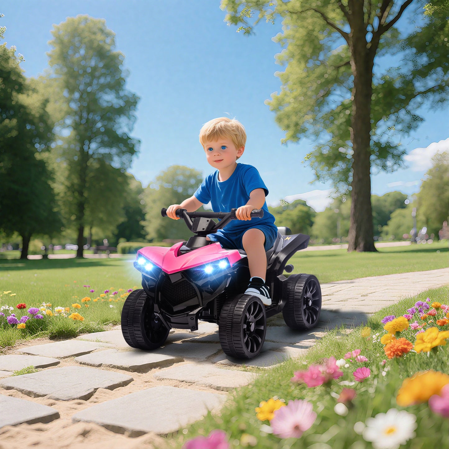 6V Electric Ride on Car, Kids ATV 4 Wheeler with Music and LED Headlights, Indoor Outdoor Toy Car for Ages 3-8 Years Boys and Girls, Pink