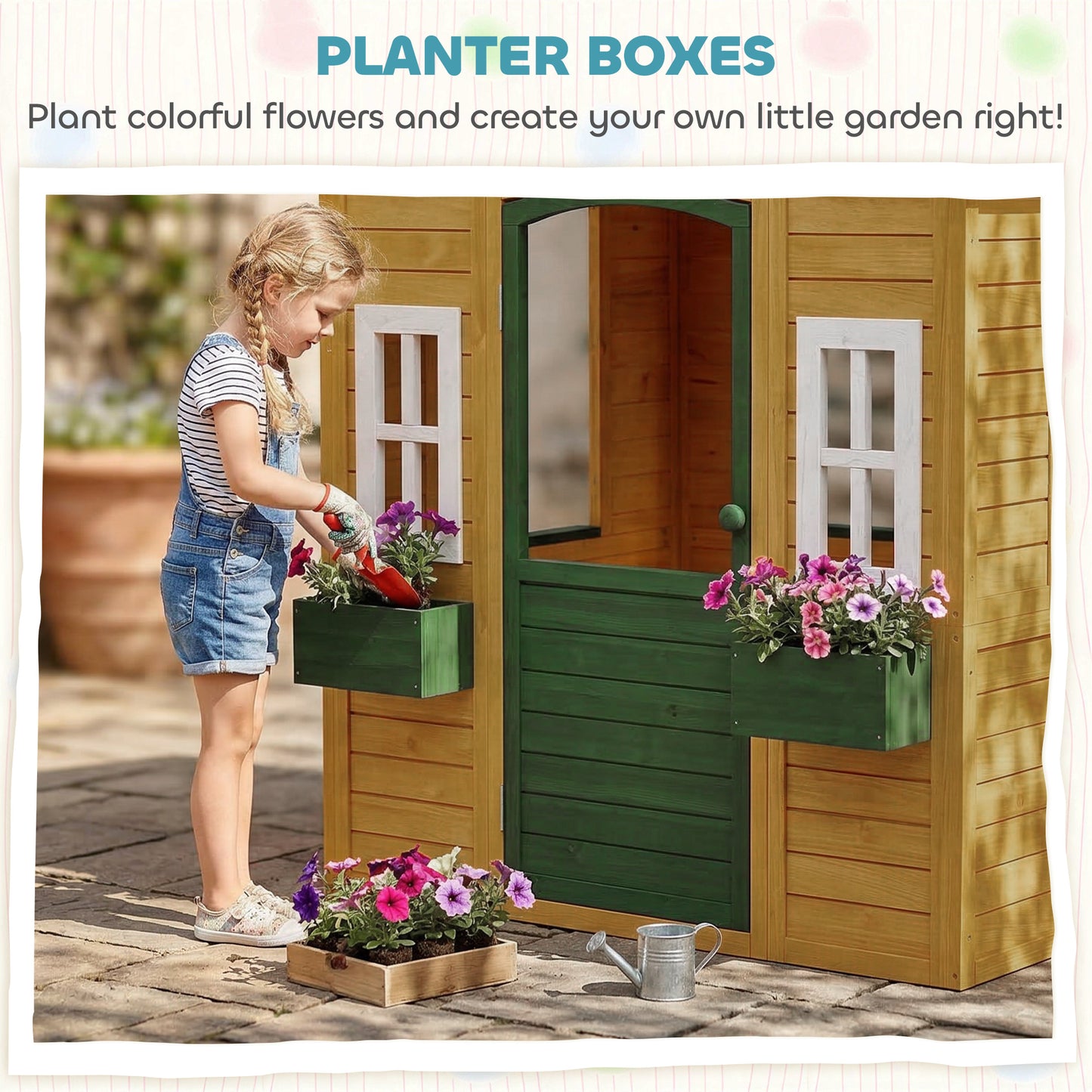 Outdoor Playhouse, Wooden Wendy House with Door, 2 Flower Boxes
