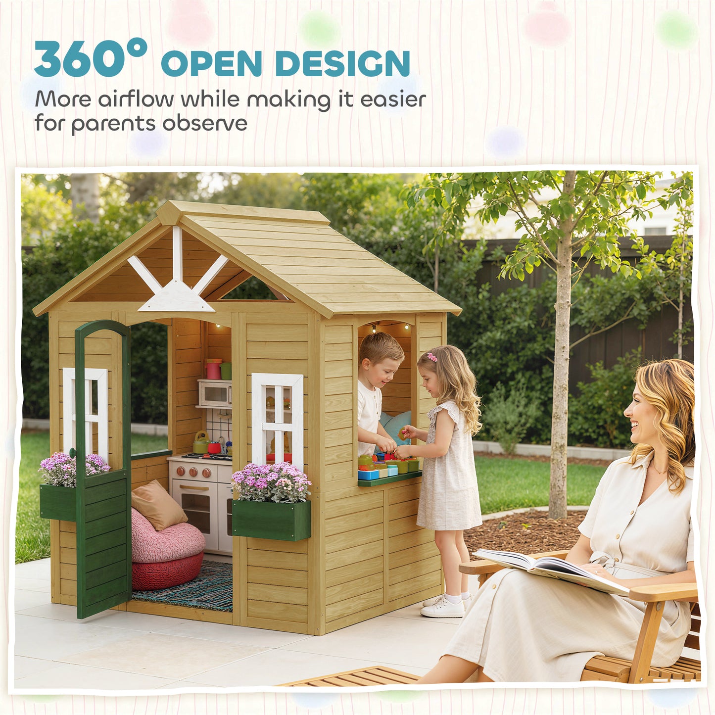 Outdoor Playhouse, Wooden Wendy House with Door, 2 Flower Boxes