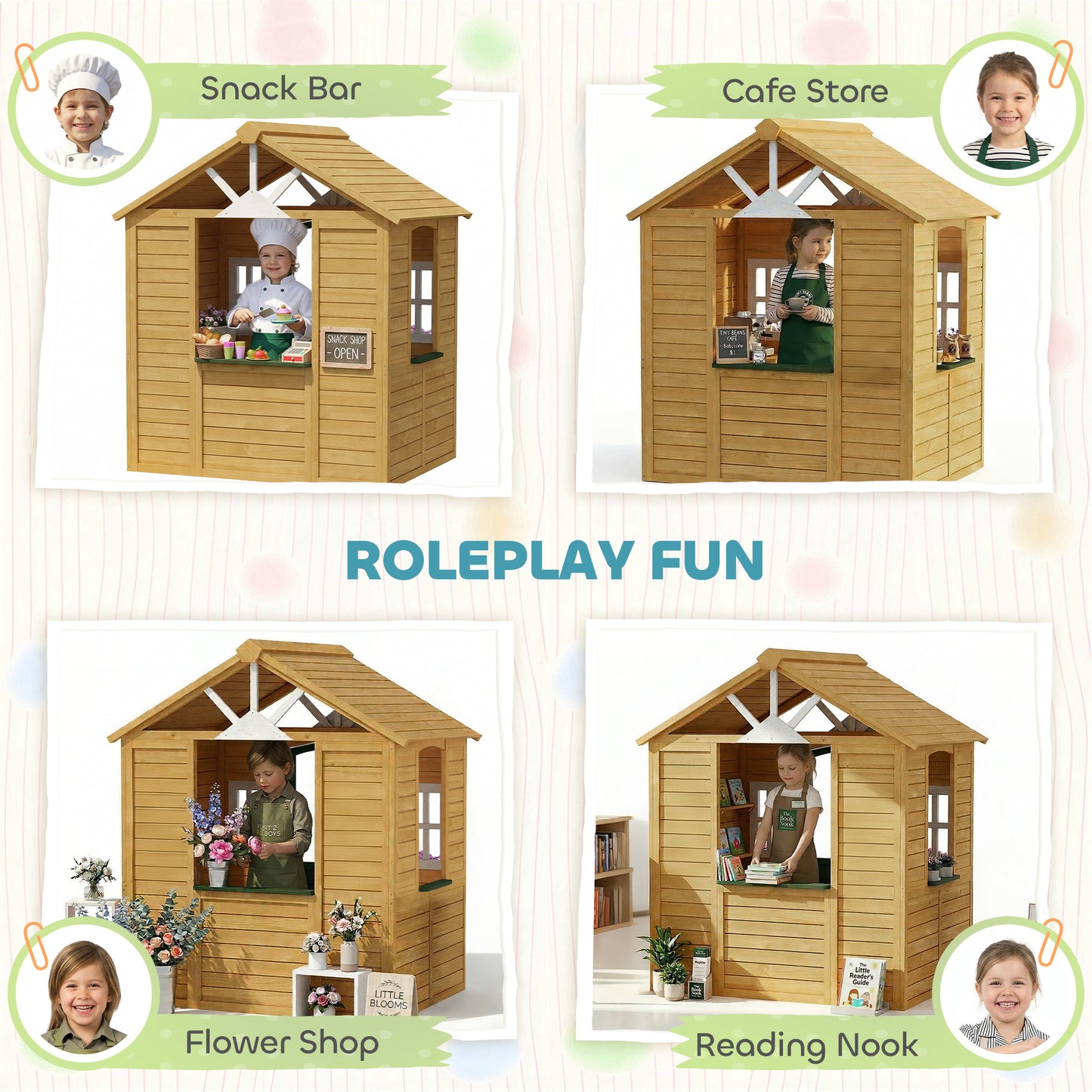 Outdoor Playhouse, Wooden Wendy House with Door, 2 Flower Boxes