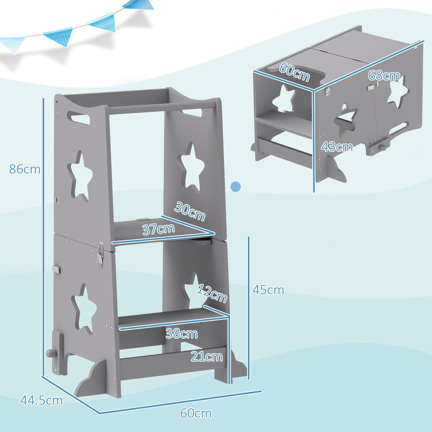2-in-1 Toddler Step Stool with Safety Rail for Kitchen, Grey