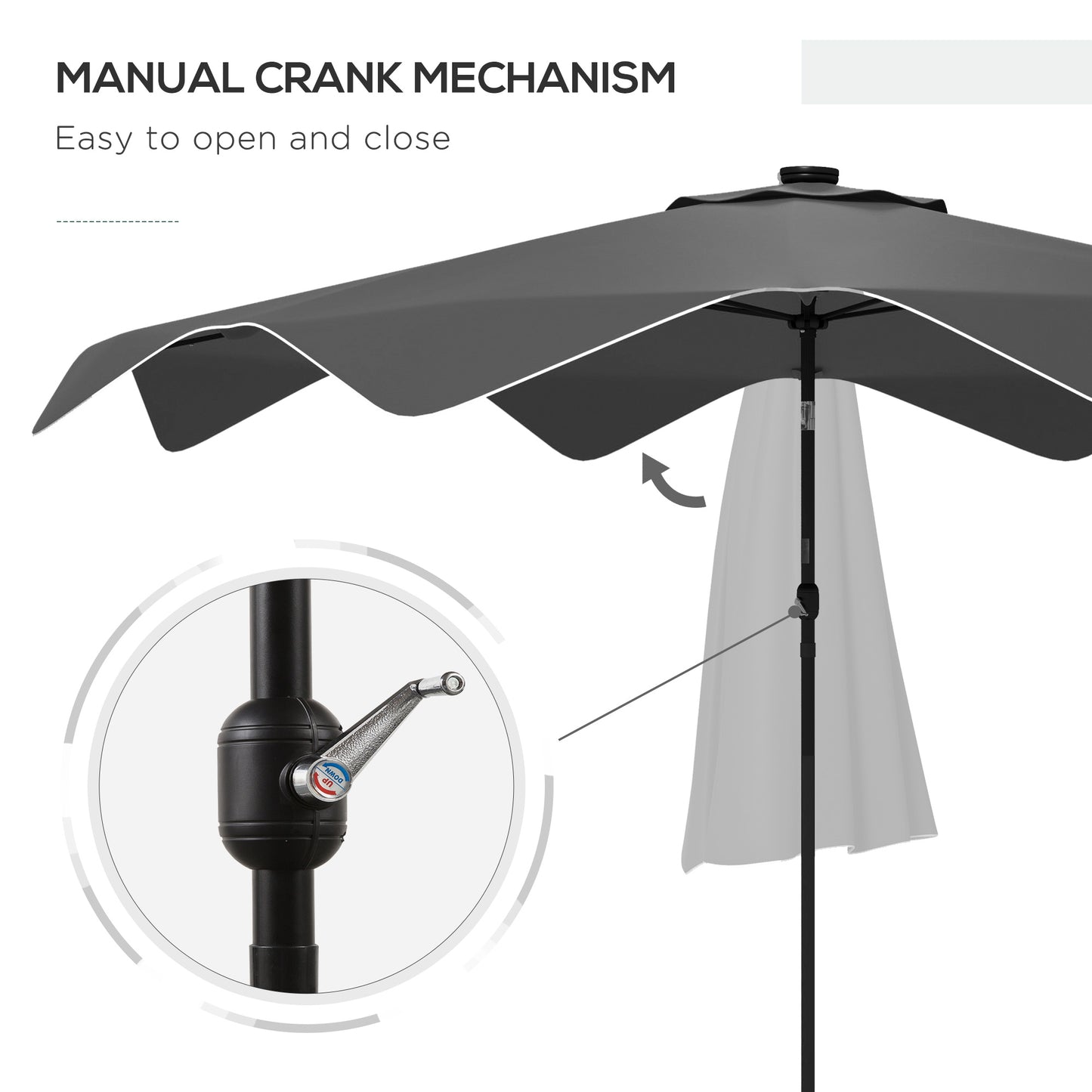 Solar Patio Umbrella with LED and Tilt, Outdoor Market Table Umbrella Parasol with Crank, 3 x 3 (m), Grey